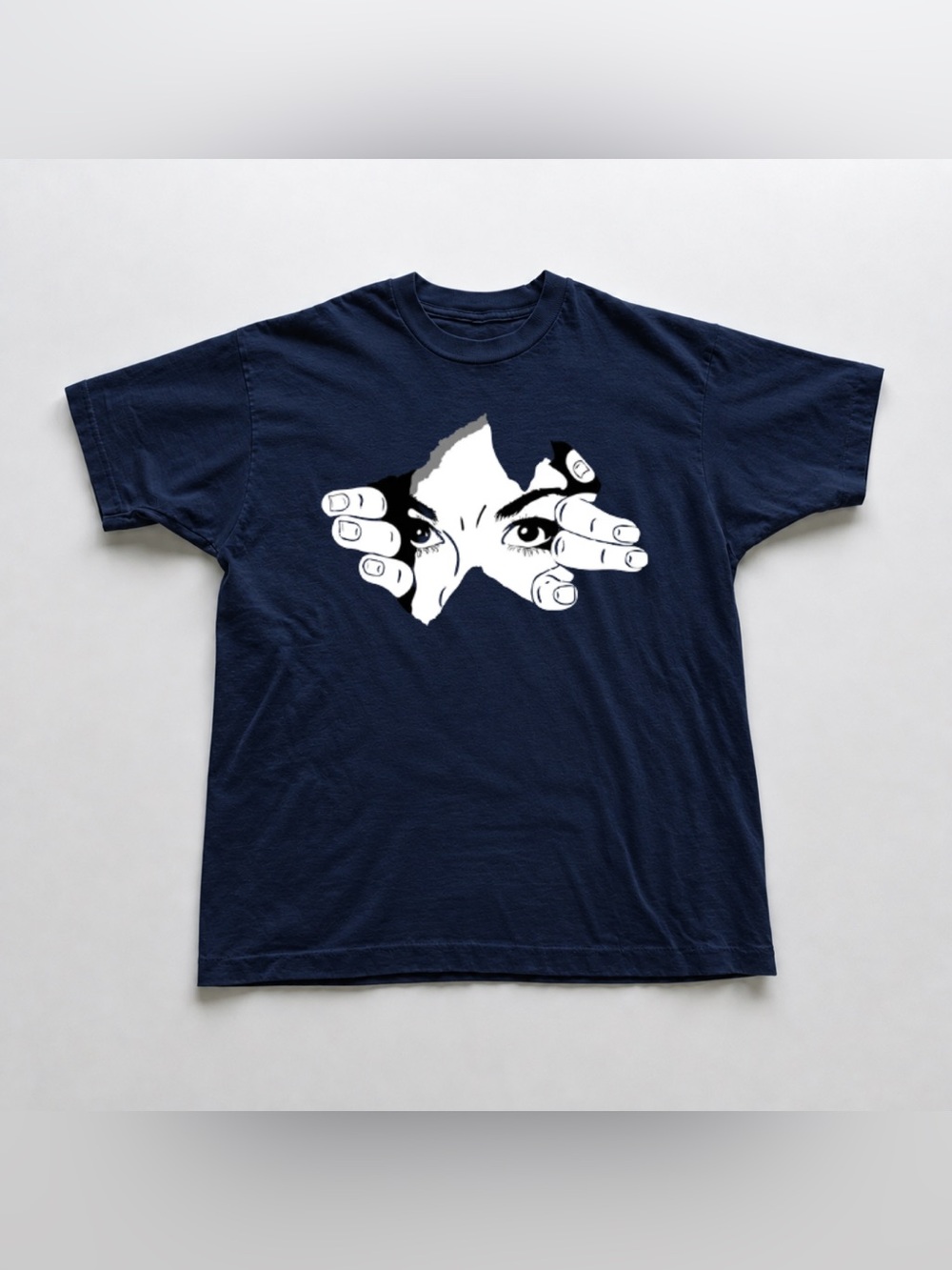 Navy Short Sleeve Tee with White Peek-A-Boo Eye Graphic